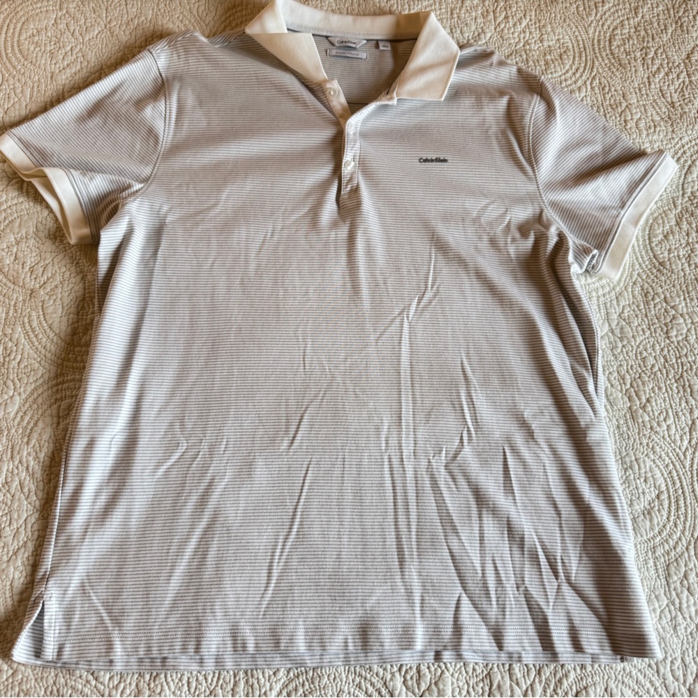 Calvin Klein White and Gray Striped Polo Shirt liquid touch size large - Picture 2 of 6